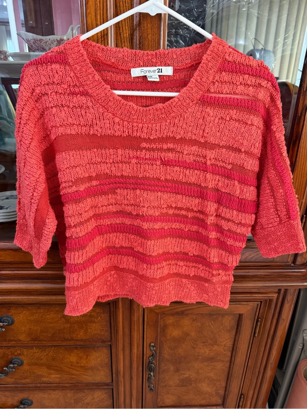 Forever 21 Coral and Pink Textured Short-Sleeve Knit Sweater
